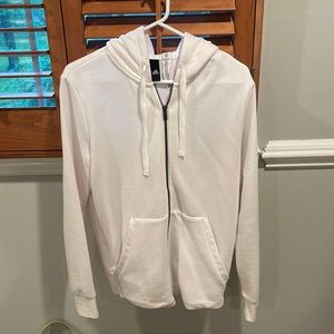 Size Large adidas plain white zip up hoodie, rose gold adidas writing right arm